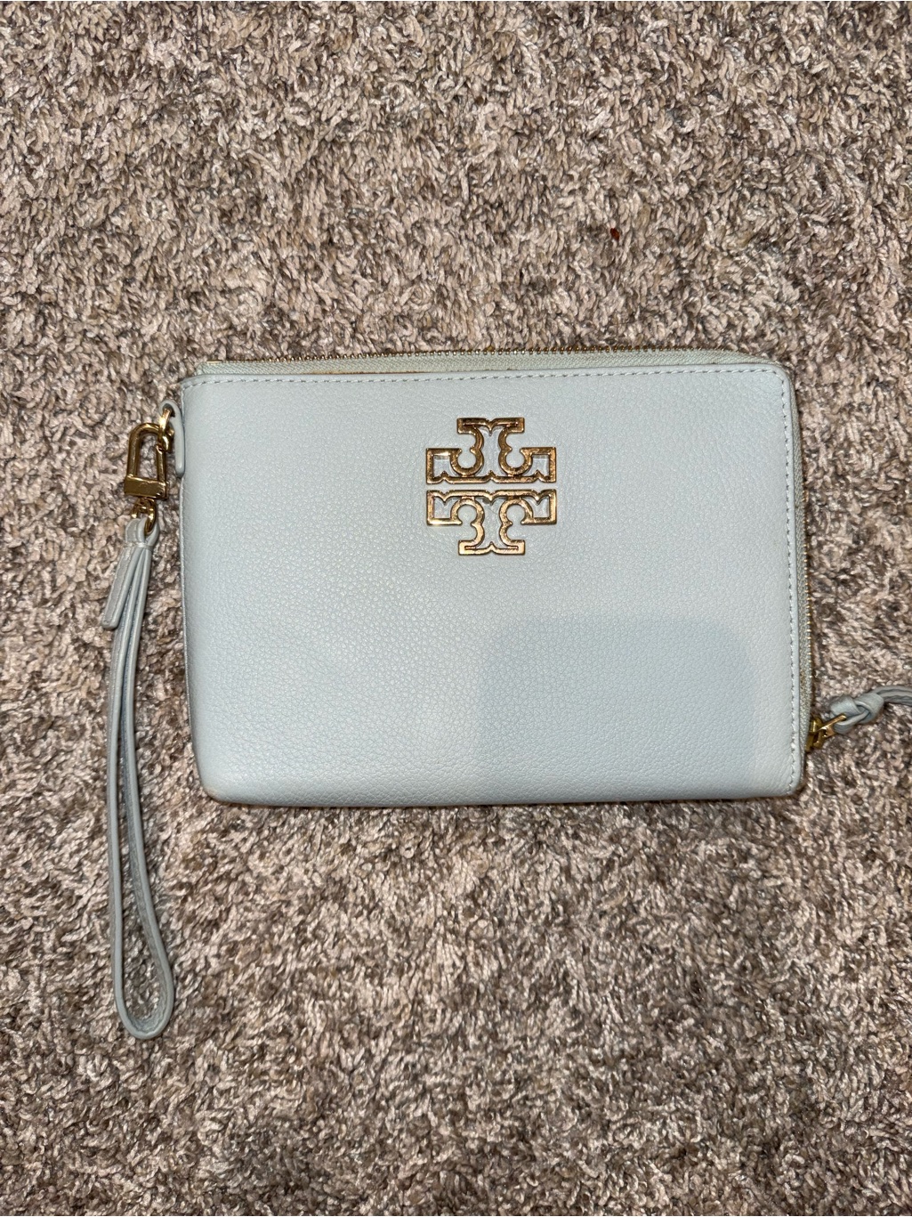 Tory Burch Pale Blue Pebbled Leather Wristlet With Gold Logo